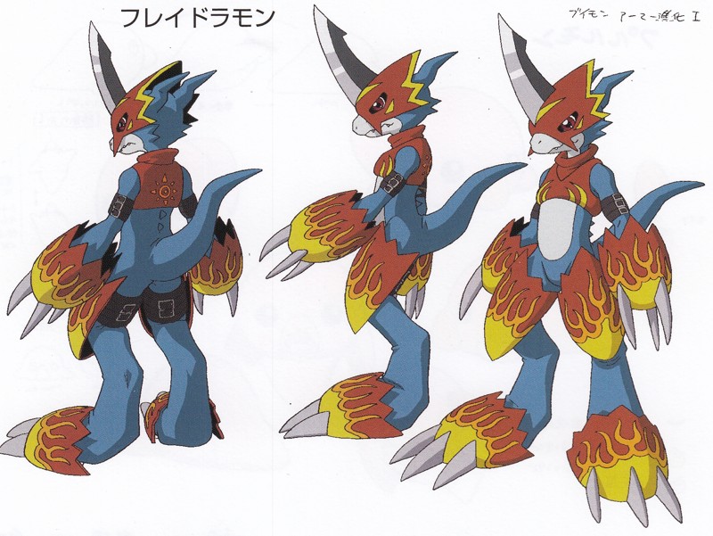 Flamedramon is an athletic, blue, humanoid dragon wearing bright red armour that is embellished with yellow flame decals. The armour covers its head, chest, forearms, thighs, and feet.