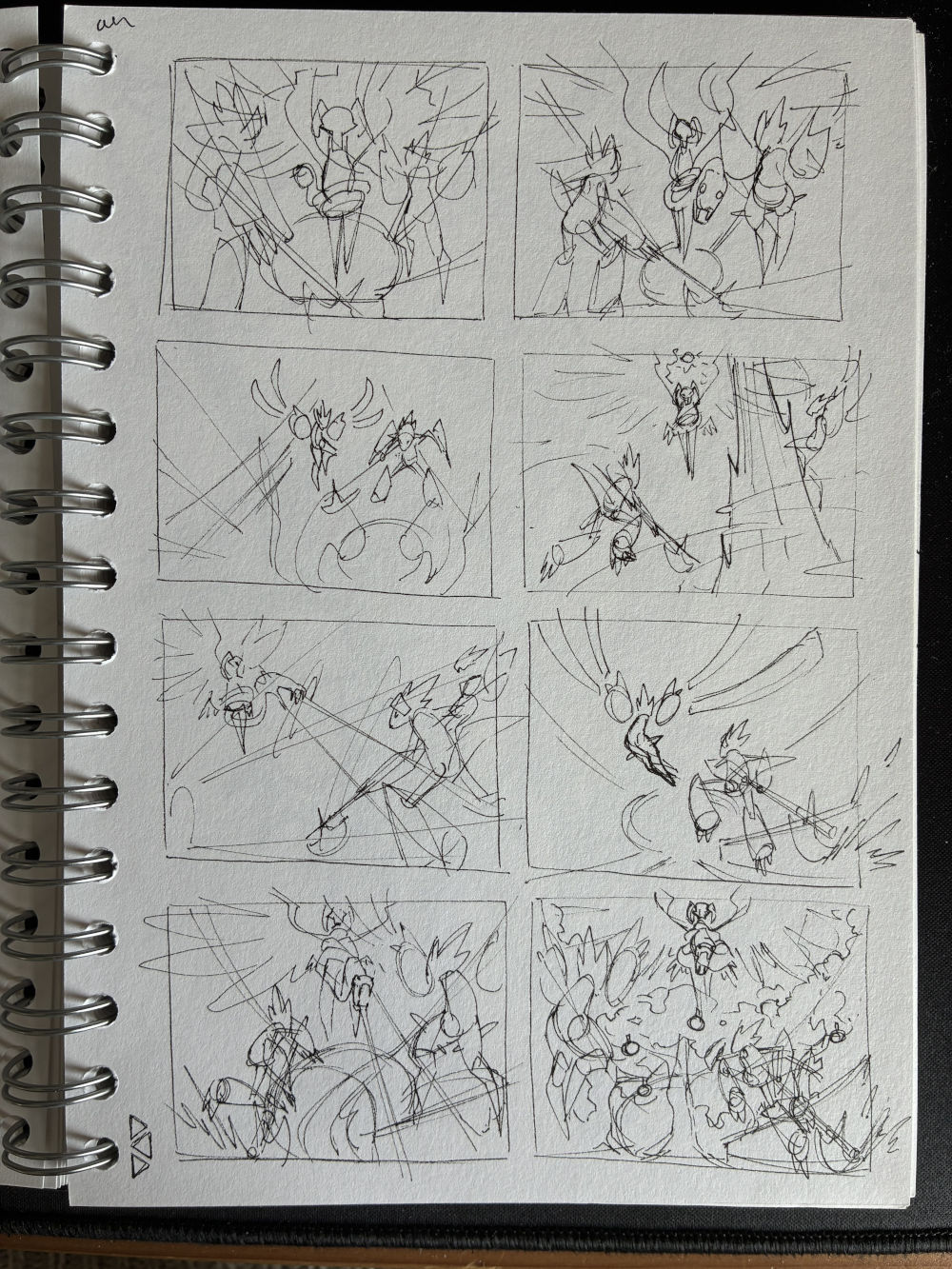 Small rough sketches of different compositions for my art. They are so quickly produced that they have low legibility to anyone who is not me.