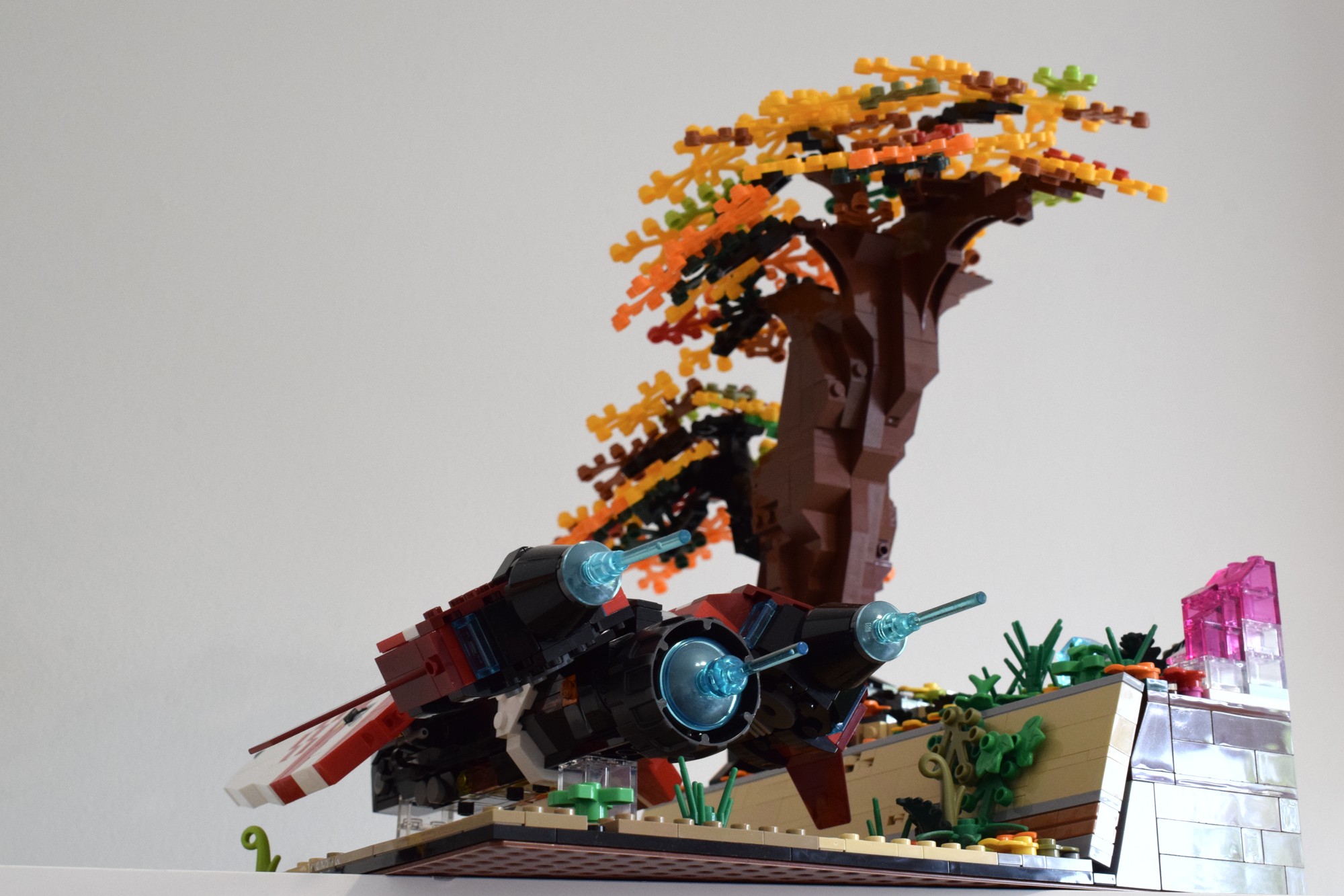 A low angle shot of the rear of the racing vehicle. This gives a good view of the three large engines.